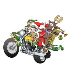 an image of santa riding on a motorcycle with reindeers and other characters around him