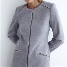 Questions? Leave A Comment Below! Color: Light Gray - Blue Condition: Brand New, Never Worn Zippered Pockets And Front Size Medium (True To Size) Zara Gray Outerwear For Work, Frock Coat, Zara Jackets, Color Light, Blue Gray, Light Gray, Blazer Suit, Blue Grey, Light Grey