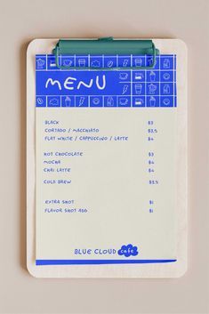 a blue and white menu on a clipboard