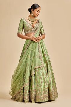 Shop for Nitika Gujral Green Flower Embroidered Lehenga Set for Women Online at Aza Fashions Dark Green Lehenga, Green Lehenga Choli, Lehenga And Blouse, Designing Clothes, Color Jade, Green Lehenga, Lehenga Blouse, Pakistani Bridal Wear, Designer Lehenga Choli