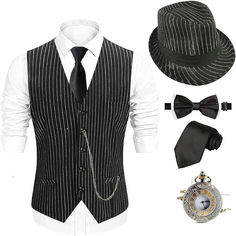 EFORLED 1920s Mens Costume Fedora Hat,Gatsby Gangster Vest,Vintage Pocket Watch,Pre Tied Bow Tie,Tie 1920s Mens Costume, 20s Costume, Mens Fedora Hat, 1920s Looks, 1920s Outfits, Mens Fedora, Vest And Tie, Vintage Pocket Watch