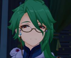 an anime character with green hair and glasses