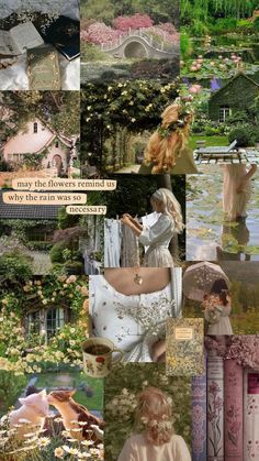 the collage shows many different images with flowers and houses in them, as well as words