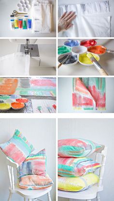 the process of making colorful pillows is shown