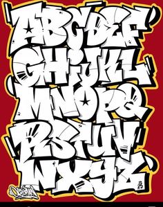 graffiti alphabets on a red background with the letters in white and black, all over