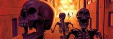 two skeletons are standing in an alley with fire coming from the ceiling and one skeleton is looking at them