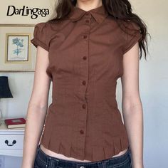 Darlingaga Fashion Chic Brown Summer Shirts Female Folds Slim-Waist Vintage Y2K Top Buttons Pleated Brown Blouse Outfit, Chic Y2k, Button Fashion, Streetwear Chic, Brown Blouse, Puff Sleeve Crop Top, Vintage Crop Tops, Short Sleeve Shirt Women, Y2k Top