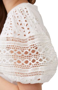 Puff sleeves of airy embroidered eyelet and lace frame a cotton-jersey T-shirt to instantly elevate any casual look. Crewneck Short sleeves 95% cotton, 5% elastane Machine wash, tumble dry Imported Linen White, Mix Media, Puff Sleeve Top, Womens Clothing Stores, Knitwear Cardigan, Dress Trousers, French Connection, White Linen, Puff Sleeves