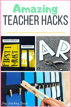 the words amazing teacher hacks are shown with scissors and binder clips on them