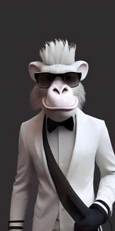 a monkey dressed in a white suit and black tie with sunglasses on it's head