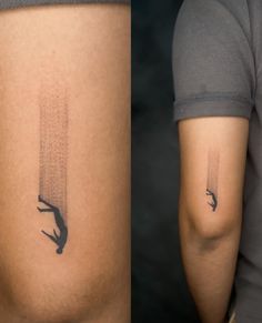 Falling, man, tattoo Falling Man Tattoo, Simplistic Tattoos Men, Alex Tattoo, Tato Minimal, Tatuagem Masculina Pequena, Pola Tato, Simple Tattoos For Guys, Man Tattoo, Forearm Band Tattoos