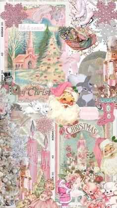 a christmas collage with pink and white decorations