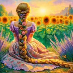 a painting of a woman with long hair sitting in a field of sunflowers