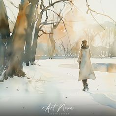 a painting of a woman walking in the snow with trees and sun shining behind her