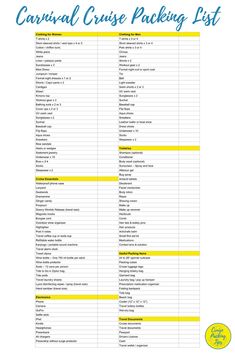 the carnival cruise packing list is shown in blue and yellow