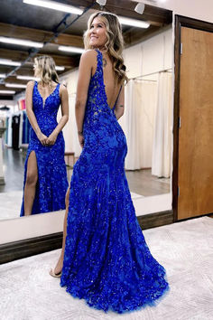 Charming Mermaid V Neck Royal Blue Sequins Lace Prom Dress with Slit AB4012801 Prom Dresses Sparkle, Gown 2023, Dresses Sparkle, Shine Dress, Mermaid Gown Prom, 2023 Prom, Gowns Elegant