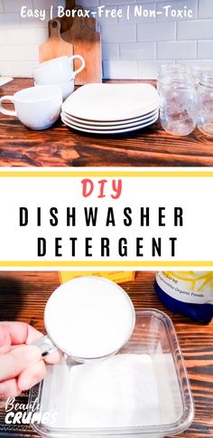 the diy dishwasher deterent is being used to clean dishes on a wooden table