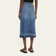 SIMKHAI "Della" denim midi skirt boasts whiskering and a released hem Sits on the natural waist Five-pocket style Front split Hem falls below the knee Straight silhouette Button/zip fly Cotton Dry clean Made in USA Latest Skirts, Knit Maxi Skirt, Stretch Skirt, Hem Skirt, Denim Midi Skirt, Split Hem, Denim Wash, A Line Skirts, Linen Blend