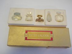 Lovely Collection of Miniature Perfume Bottles from Estee Lauder in original case, most are empty Sample size collection of: Spellbound with some perfume left White Linen - Empty Known - couple of drops of fragrance Private Collection - Empty Beautiful - Emtpy These mini bottles can be displayed as is or you can refill with your own favorite fragrances **International buyers please note fragrances cannot be sent via airmail, any frangrance will have to be emptied*. Miniature Perfume Bottles, Estee Lauder Perfume, Mini Perfumes, Miniature Perfume, Bottle Collection, Vintage Perfume Bottles, Empty Bottles, Mini Bottles, Estee Lauder