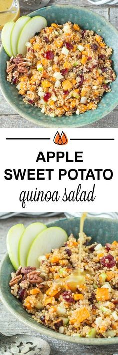 an apple and sweet potato quinoa salad is being poured into a bowl with sliced apples