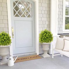 two potted plants sitting on the front steps of a house with a welcome mat