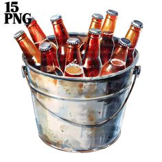 a bucket full of beer bottles sitting on top of a white table with the words 15 png above it