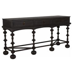 Meredith French Country Black Wood 3 Drawer Rectangular Console Table Transitional Console Table, Brass Console Table, Table Accents, Black Console Table, Transitional Furniture, Drawer Glides, Console And Sofa Tables, Wood Drawers, Wood Console Table