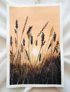 a painting of some grass and the sun in the background