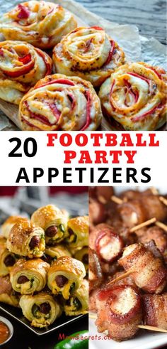 some food that is sitting on top of a table with the words 20 football party appetizers