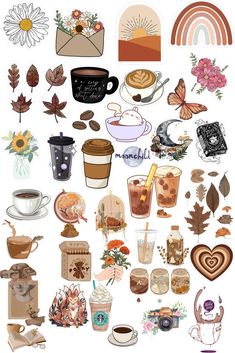 various stickers that include coffee, flowers and other things in the shape of hearts