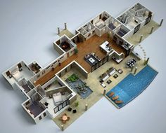 an aerial view of a three bedroom, two bathroom apartment with pool and living room