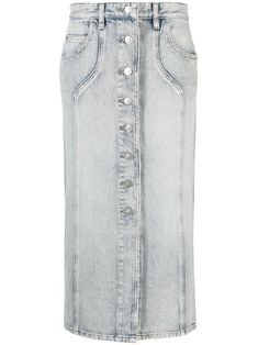 light blue cotton washed denim logo patch to the rear high waist front button fastening classic five pockets belt loops straight hem calf-length Button Midi Skirt, Midi Denim, Denim Pencil Skirt, Isabel Marant Etoile, Denim Midi Skirt, Jeans Rock, Washed Denim, Light Blue Denim, Women Skirts Midi