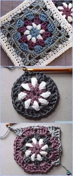 crocheted granny square with flowers on each side