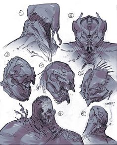 the concept art for an alien creature from aliens, with different facial expressions and head shapes