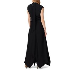 Black crepe (70% Triacetate, 30% Polyester). Gown. Cap sleeves. High neckline. Center back tie closure. 58" from shoulder to hemline. Imported. Elegant Asymmetrical Tie Back Dress, Elegant Asymmetrical Dress With Tie Back, Elegant Asymmetrical Tie-back Dress, Black Tie Back Maxi Dress For Formal Occasions, Chic Evening Crepe Maxi Dress, Chic Crepe Maxi Dress For Evening, Pre-draped Formal Maxi Dress With Back Opening, Formal Crepe Maxi Dress Floor-length, Formal Floor-length Crepe Maxi Dress