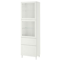 a tall white cabinet with glass doors on the front and bottom shelves, against a white background