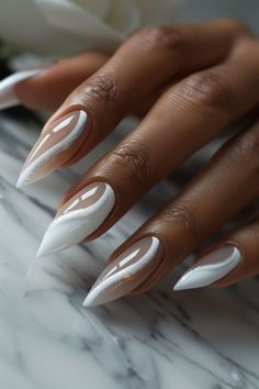 Are you in search of some attractive white nail designs to experiment with during this season? If yes, then you have landed on the right article! As summer is approaching, I have curated a list of my preferred styles to offer you some ideas. I have included various designs ranging from abstract to indie to cater to different preferences.Many of these styles can be easily replicated in the comfort of your own home! If you’re interested in trying a matte style Almond Nails Galaxy, French Tip Trendy Nails, Fall White Nail Designs, Cool French Manicure Ideas, Frosted Tips Nails, Milky Wedding Nails, Wedding Nails 2024 Trends, Extensive Nail Art, Sheer Nail Ideas