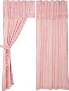 a red and white striped curtain hanging on a wall next to a pair of curtains