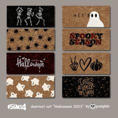 four halloween door mats with different designs on them