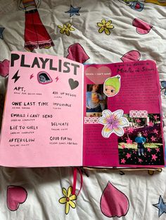 an open pink book with pictures on it