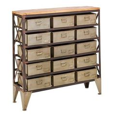 a metal and wood dresser with many drawers