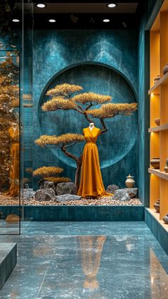 a display case in a store filled with lots of shoes and vases next to a bonsai tree