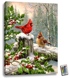 a painting of two birds on a fence post in the snow with holly and berries