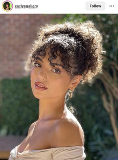 Formal Curly Hairstyles With Bangs, Curly Hair Front Bangs, Natural Makeup Curly Hair, Curly Bun Bangs, Curly Bun Hairstyles For Black Hair With Bangs, Curly Ponytail With Two Bangs, Curly Bangs With Ponytail, Curly Hairstyles With Bangs Updo, Curly Bangs Wedding Hair