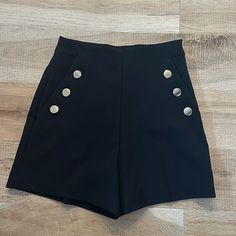 Zara Black High Waisted Shorts With Gold Buttons Size: Extra Size New With Tags See Photos Black Shorts For Going Out, Black Bottoms With Built-in Shorts For Going Out, Black High Waist Shorts For Going Out, High Waist Black Shorts For Going Out, Black High-waisted Shorts For Going Out, Zara Black High-waisted Shorts, Chic Black High-waist Shorts, Chic Black High Waist Shorts, Trendy Black Zara Shorts