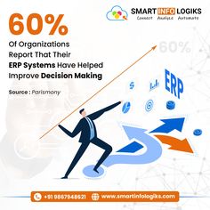 a man in business attire pulling an arrow with the words, 60 % of organizations report that their erp systems have helped improve decision making