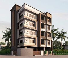 an apartment building with balconies on the second floor and palm trees in the background