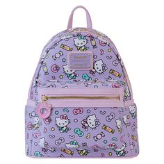 What's not to love about Hello Kitty! Treat yourself to this cute All-over-print backpack featuring hello kitty surrounded by colorful sweets! There's sprinkles, donuts, an assortment of wrapped candies, and matching hello kitty bows printed on this adorable bag. And don't forget the Hello Kitty donut Zipper charm! This bag is sure to satisfy your Hello Kitty craving! Material: Faux leather (polyurethane) Features: Front zip pocket, 2 side pockets, inside zip pocket, enamel zipper charm, and pri Playful Hello Kitty Print Backpack For Travel, Kawaii Hello Kitty Backpack For Travel, Kawaii Hello Kitty Travel Backpack, Playful Hello Kitty Backpack For Travel, Playful Hello Kitty Travel Backpack, Hello Kitty Kawaii Backpack For Back To School, Kawaii Hello Kitty Backpack For Back To School, Playful Hello Kitty Backpack, Playful Hello Kitty Print Backpack