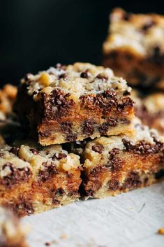 chocolate chip cookie bars stacked on top of each other