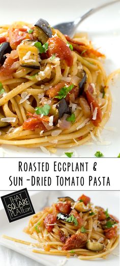 roasted eggplant and sun - dried tomato pasta on a white plate with a fork